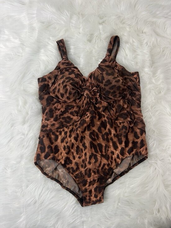 Miraclesuit Womens Plus Size 18W Swimsuit Brown Leopard Print V-Neck Twist Front - Picture 1 of 12